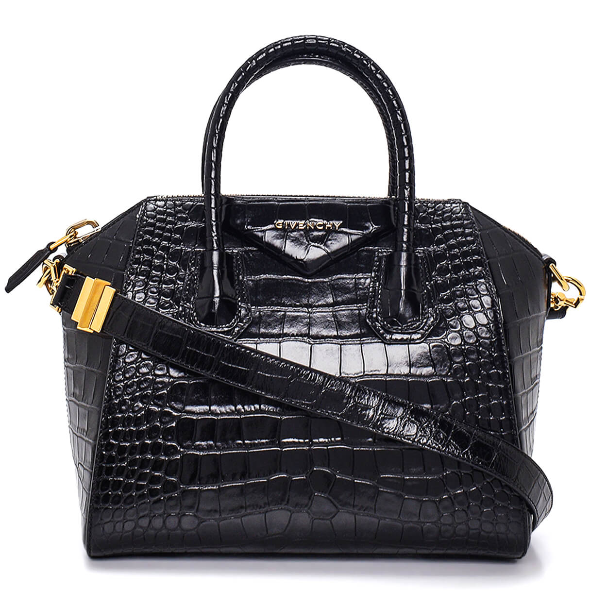 Givenchy - Black Croco Print Leather Small Antigona Bag